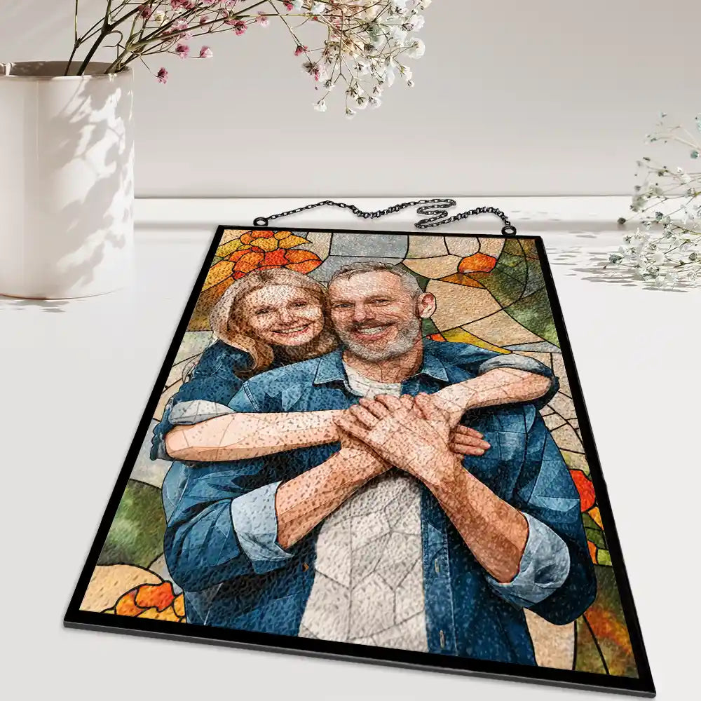 Gift For Wife,Gift For Mother,Gift For Grandma,Love,Family,Gift For Bestie,Gift For Couples,Dog Lovers,Cat Lovers - Custom Photo Stained Glass Mom Grandma Parents Family Bestie Couple - Personalized Vertical Stained Glass Suncatcher