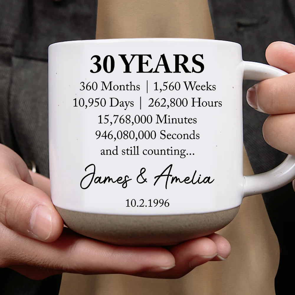 Anniversary,Art Design,Custom Photo,Gift For Couples,Old Couples,Photo - Vivid Watercolor Art,Romantic - Anniversary Gift For Couples - Personalized Custom Photo Watercolor Names Year Counting Time Together Pottery Mug