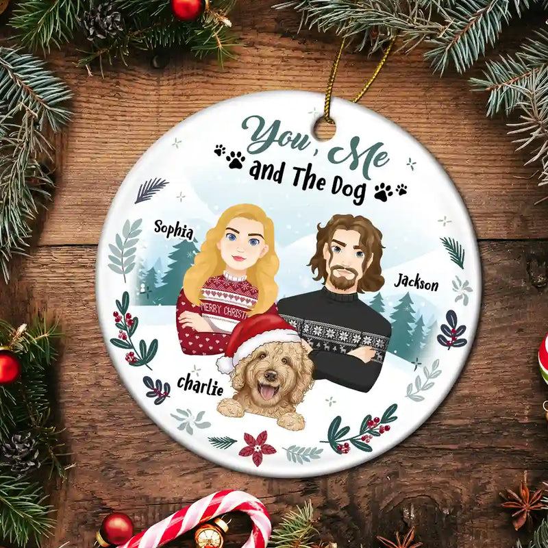 Gift For Couples,Gift For Husband,Gift For Wife,Gift For Boyfriend,Gift For Girlfriend,Dog Lovers,Pet Lovers,Dog Mom,Dog Couple,Pet Mom,Pet Couple,Pet Dad,Dog Dad - Winter You, Me And The Dog - Personalized Circle Ceramic Ornament