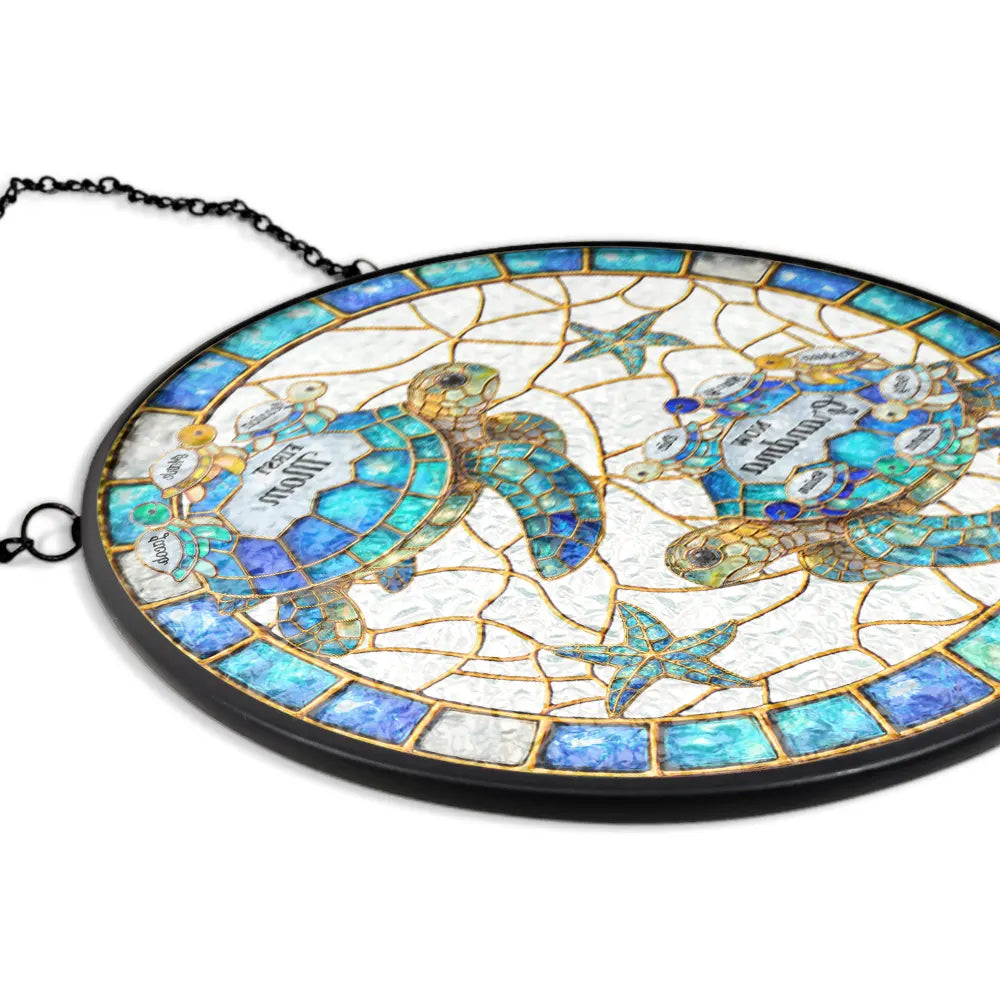 Summer,Gift For Grandma,Grandma - Grandkids,Beach,Happy - First Mom Now Grandma Stained Glass Turtle - Personalized Stained Glass Window Hanging Suncatcher