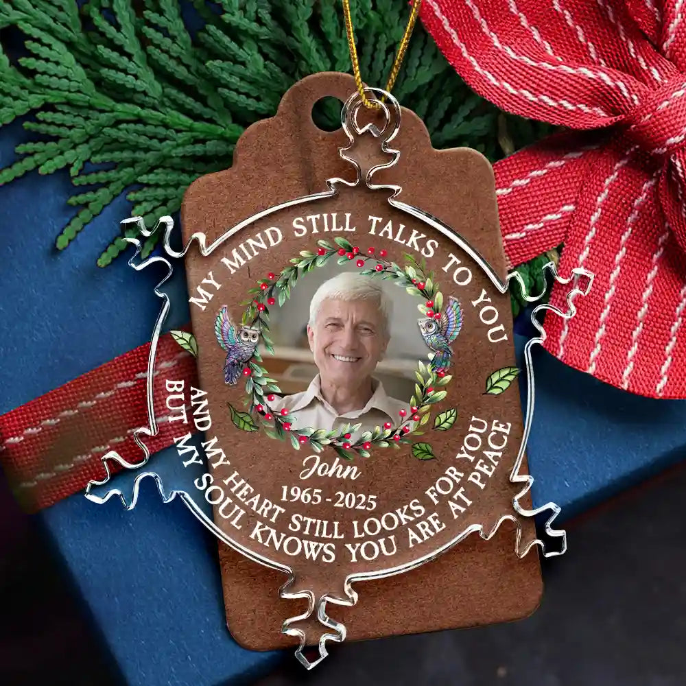 Family,Christmas,Memorial,Sad - Custom Photo My Mind Still Talks To You Memorial - Personalized Snowflakes Shaped Glass Ornament