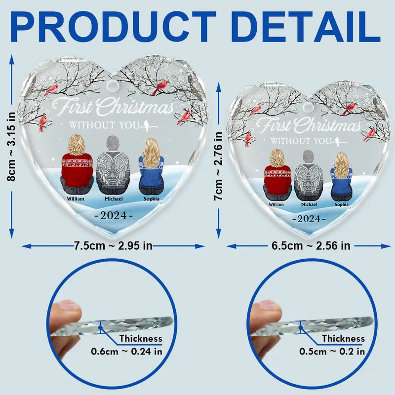 Christmas,Family,Parents,Gift For Grandparents,Gift For Kids,Gift For Daughter,Gift For Son,Continue Shopping,Sad,Memorial - Family Memorial First Christmas Without You - Personalized Heart Shaped Glass Ornament