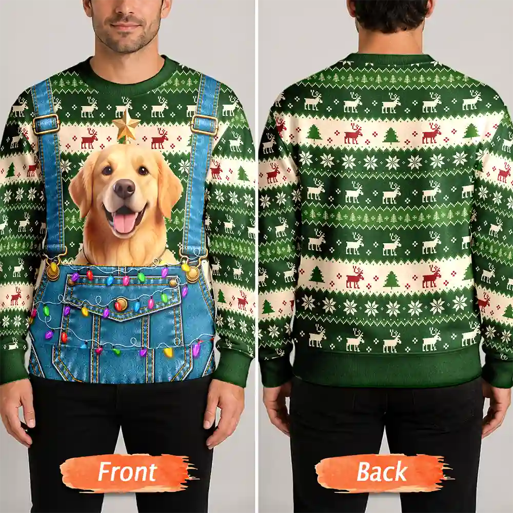 Adorable,Art Design,Christmas,Custom Photo,Gift For Father,Pet Dad,Pet Lovers,Photo - Christmas Accessories 3D Cartoon Pet,Top Market - Christmas Gag Gift For Pet Dad - Personalized Custom Photo Pet Face Hairy Chest Abs Body Unisex Ugly Sweater