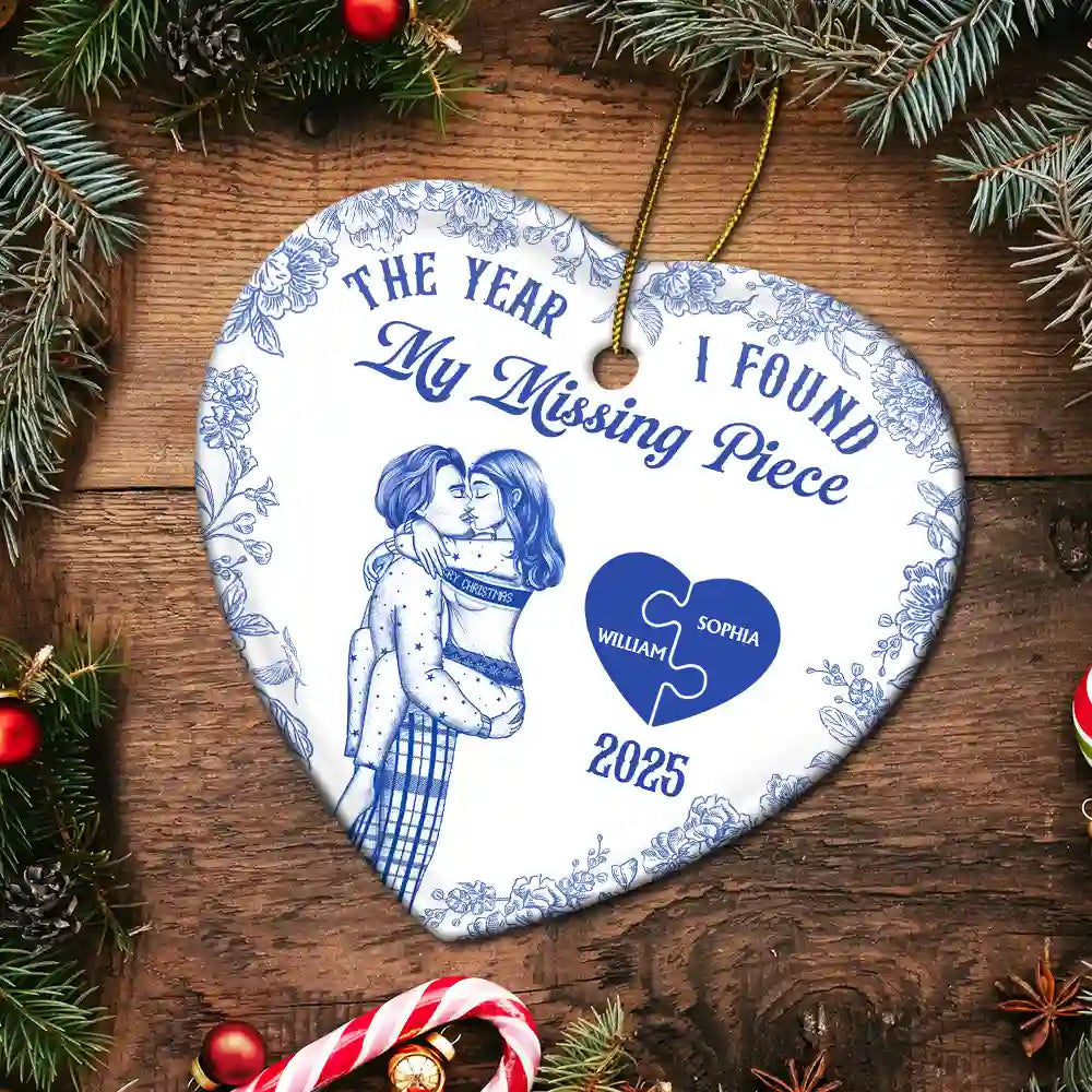 Christmas,Gift For Couples,Love,Gift For Husband,Gift For Boyfriend,Gift For Girlfriend,Gift For Wife - The Year I Found My Missing Piece Kissing Couples Toile - Personalized Heart Ceramic Ornament