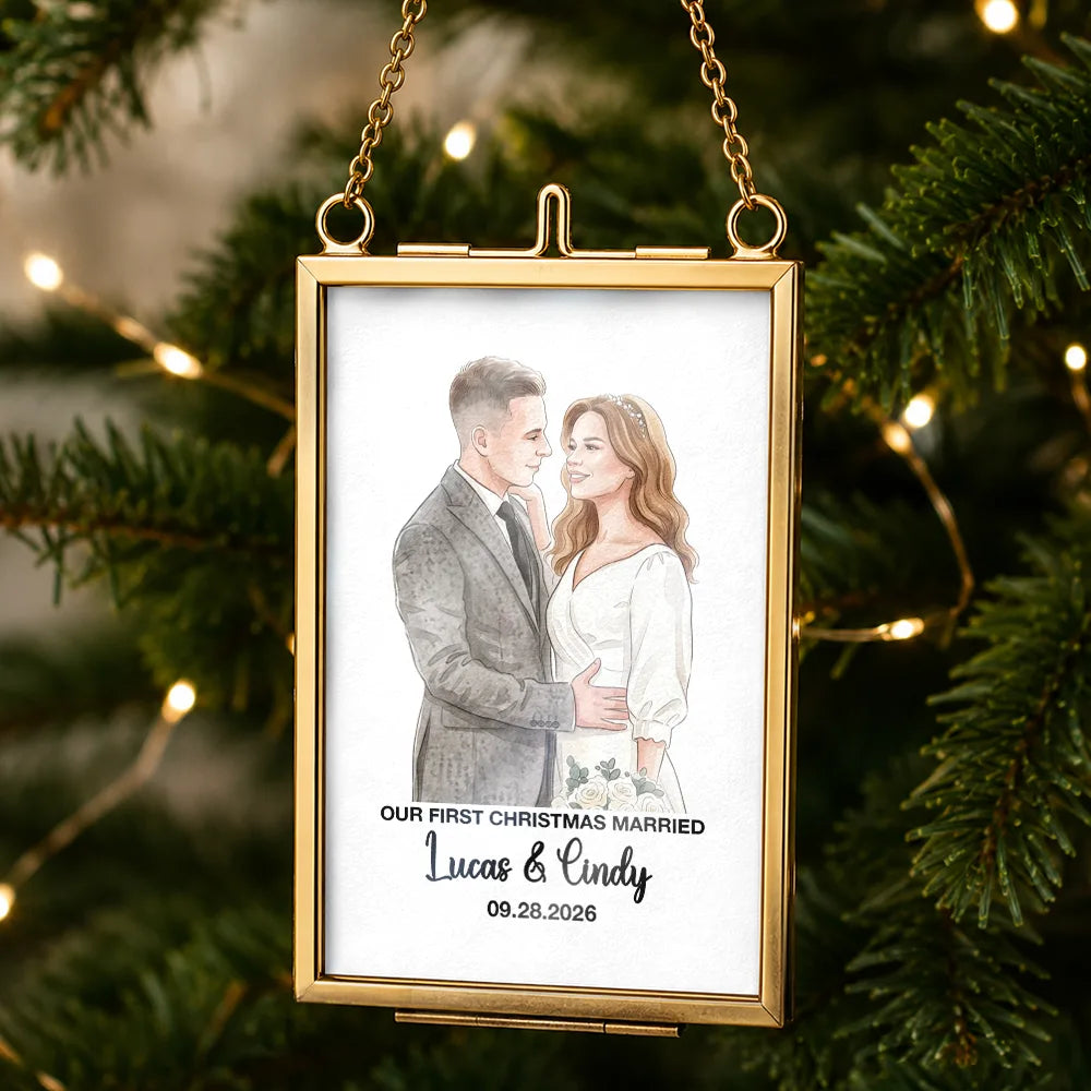 Art Design,Christmas,Custom Photo,First Christmas,Gift For Couples,Married Couple,Photo - Watercolor - Remove BG,Romantic,Top Market - Our First Christmas Couple - Personalized Custom Photo Watercolor Metal Frame Ornament