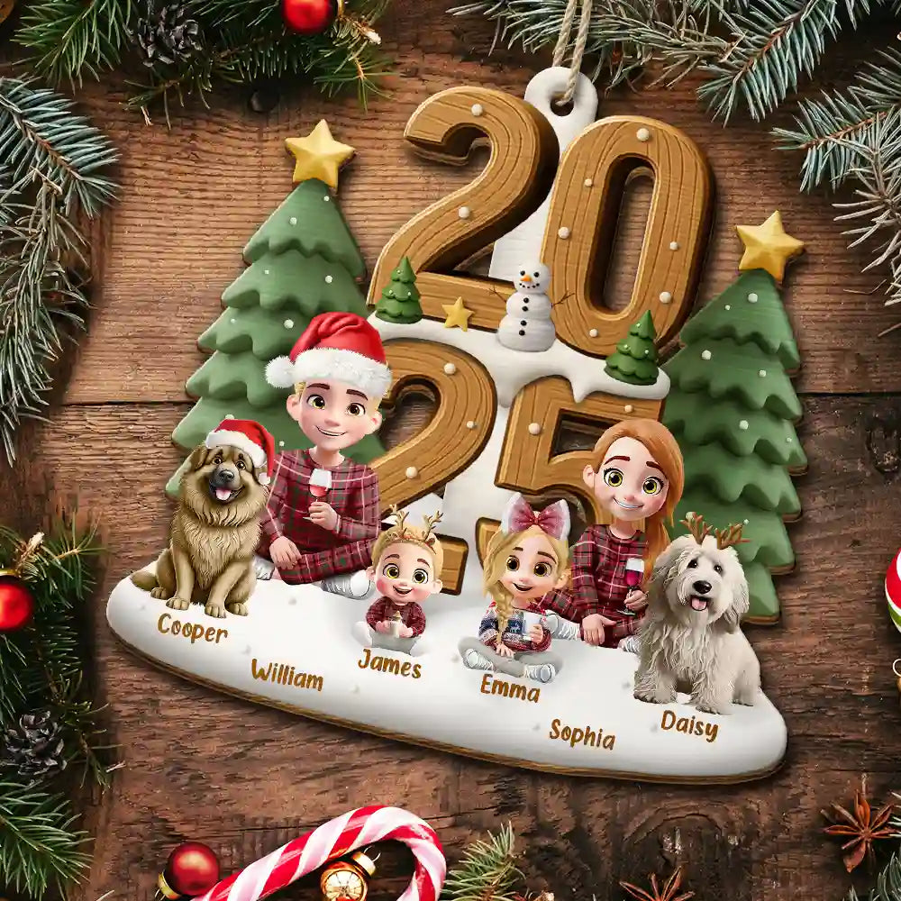 Family,Gift For Grandparents,Parents,Gift For Kids,Happy,Christmas,Non-Eng - 3D Effect Christmas Sitting Family - Personalized Custom Shaped Wooden Ornament