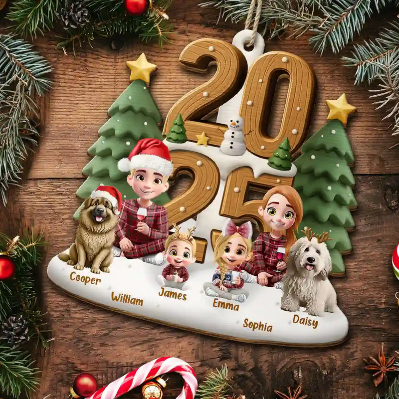 Family,Gift For Grandparents,Parents,Gift For Kids,Happy,Christmas,Non-Eng - 3D Effect Christmas Sitting Family - Personalized Custom Shaped Wooden Ornament