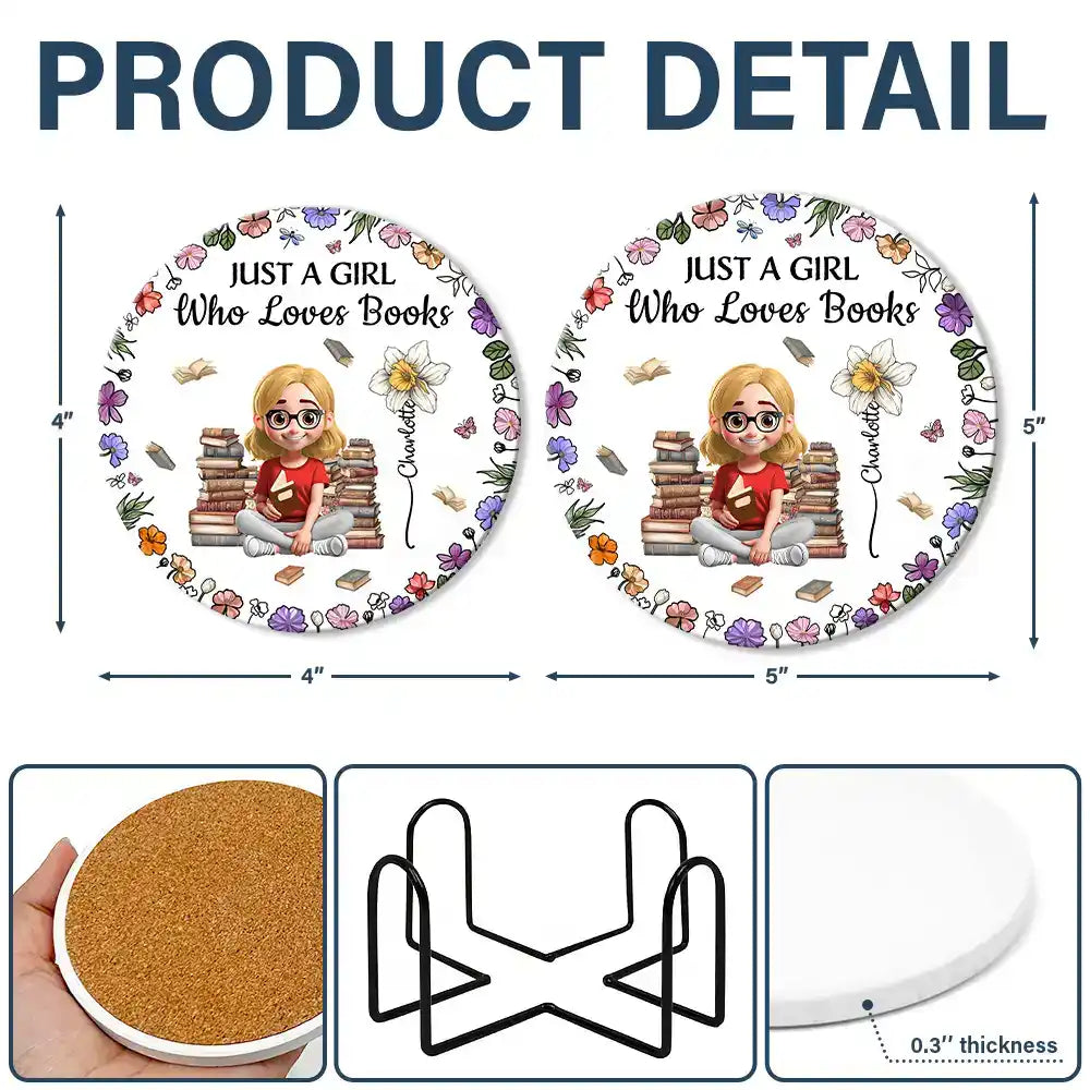 Reading,Gift For Women,Gift For Yourself,Gift For Daughter,Happy - Just A Girl Who Loves Books Birth Flower - Personalized Ceramic Coaster