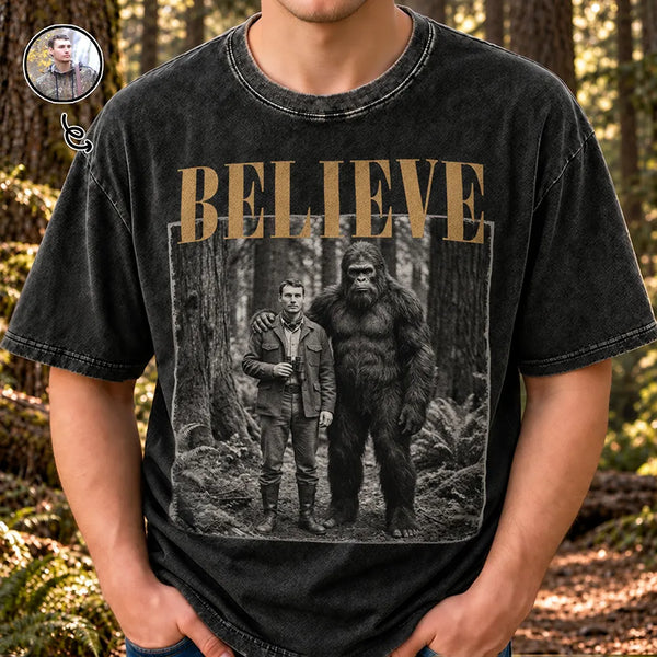 Art Design,Camping,Custom Photo,Gift For Men,Gift For Yourself,Gifts For Him,Humorous,Photo - Bigfoot Portrait - 19th Century Sasquatch - Personalized Custom Photo Bigfoot Portrait Vintage Washed T Shirt