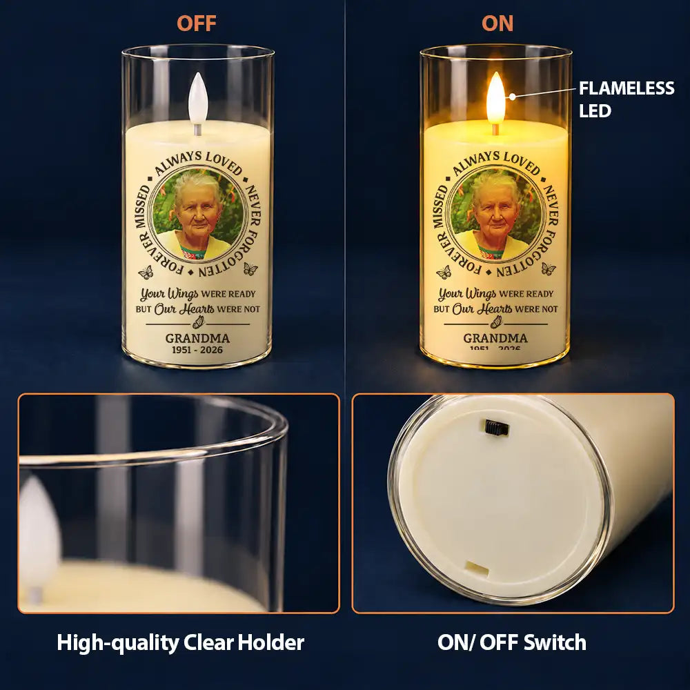 Christmas,Custom Photo,Family,Memorial,Memorial Loved One,Sympathetic,Upload Full Photo - Memorial Sympathy Gift For Loss Of Parent - Personalized Custom Photo Always Loved Never Forgotten LED Candle