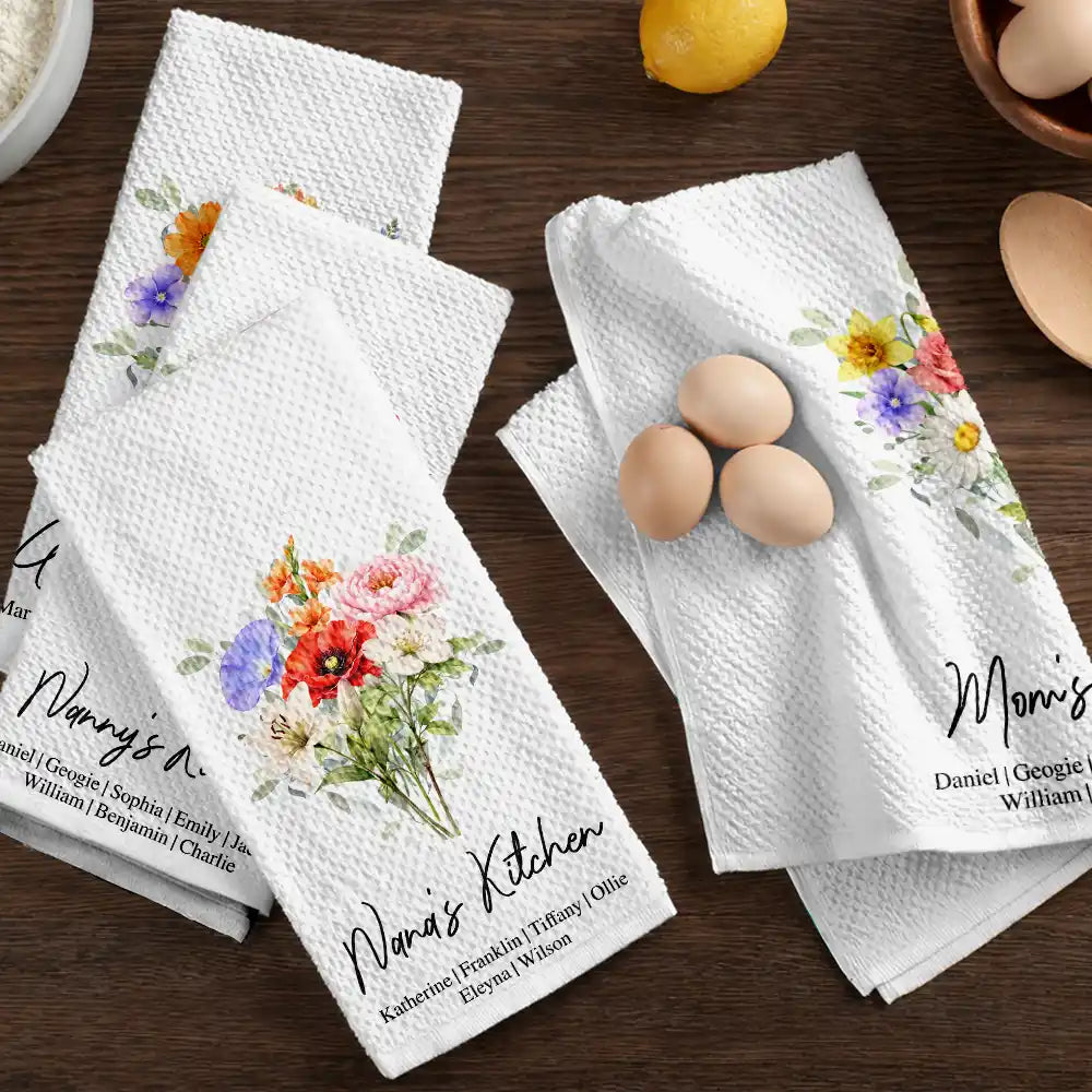 Gift For Wife, Gift For Mother, Gift For Grandma, Happy - Mom Mum Grandma Kitchen Watercolor Birth Flower - Personalized Kitchen Towel