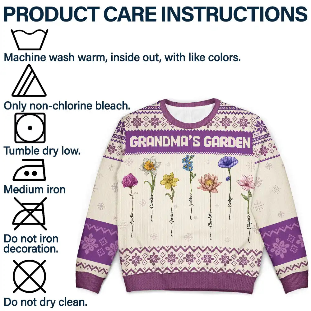 Gift For Grandma,Gift For Aunt,Gift For Mother,Happy,Gift For Wife,Gift For Yourself,Gift For Women - Knitted Effect Birth Flower Grandma's Garden - Personalized Unisex Ugly Sweater