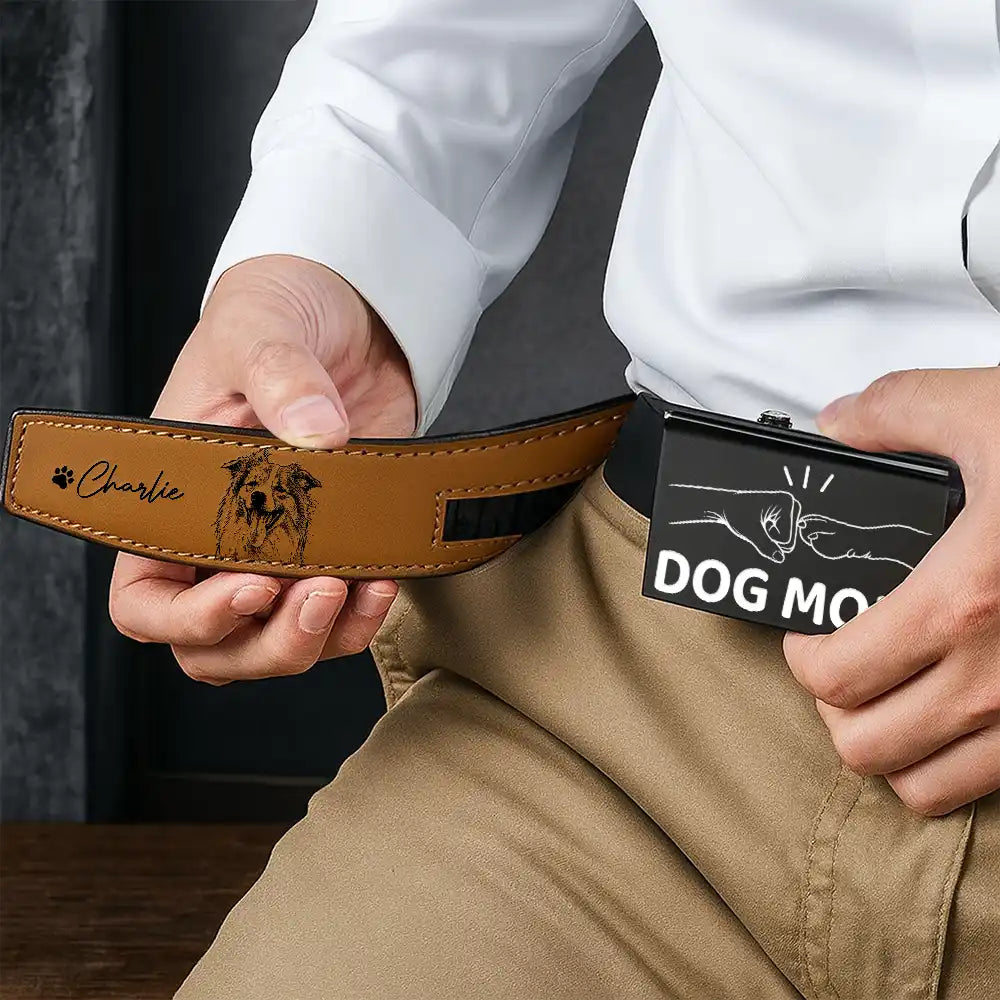 Pet Lovers,Pet Mom,Pet Dad,Dog Lovers,Dog Mom,Dog Dad,Cat Lovers,Cat Mom,Cat Dad,Non-Eng,Photo - Pencil Sketch,Adorable - Custom Photo Pencil Sketch Dog Dad Cat Dad - Personalized Leather Belt With Engraved Buckle