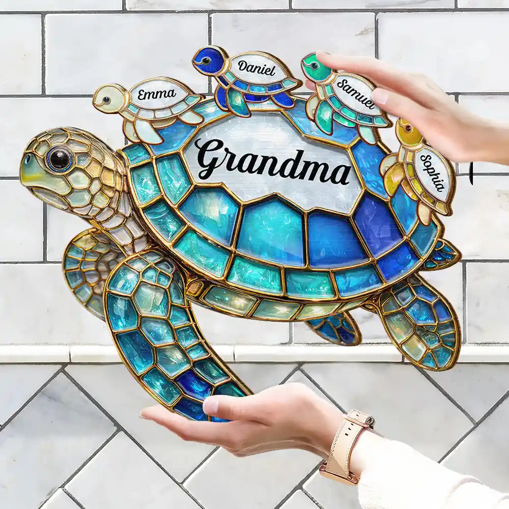 Gift For Grandma,Grandma - Grandkids,Gift For Mother,Beach,Happy - Turtle Stained Glass Mum Nanny - Personalised Custom Shaped Wood Sign