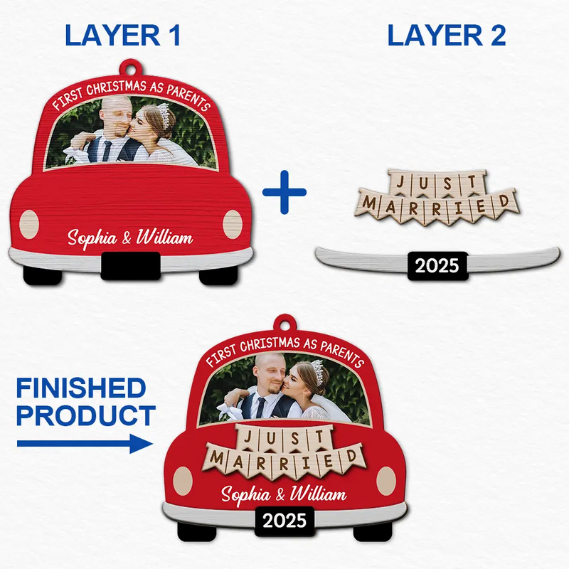 Love,Christmas,Gift For Wife,Gift For Husband,Gift For Couples,Gift For Boyfriend,Gift For Girlfriend,Wedding,Wedding Anniversary - Custom Photo The Year We Became Mr & Mrs Wedding Car - Personalized 2-Layered Wooden Ornament