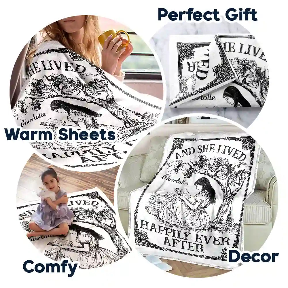 Reading,Gift For Yourself - And She Lived Happily Ever After Reading Chinoiserie Toile - Personalized Fleece Blanket, Sherpa Blanket