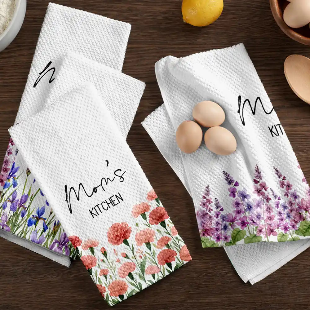 Gift For Wife, Gift For Mother, Gift For Grandma, Happy - Mom Grandma Kitchen Watercolor Birth Flower - Personalized Kitchen Towel