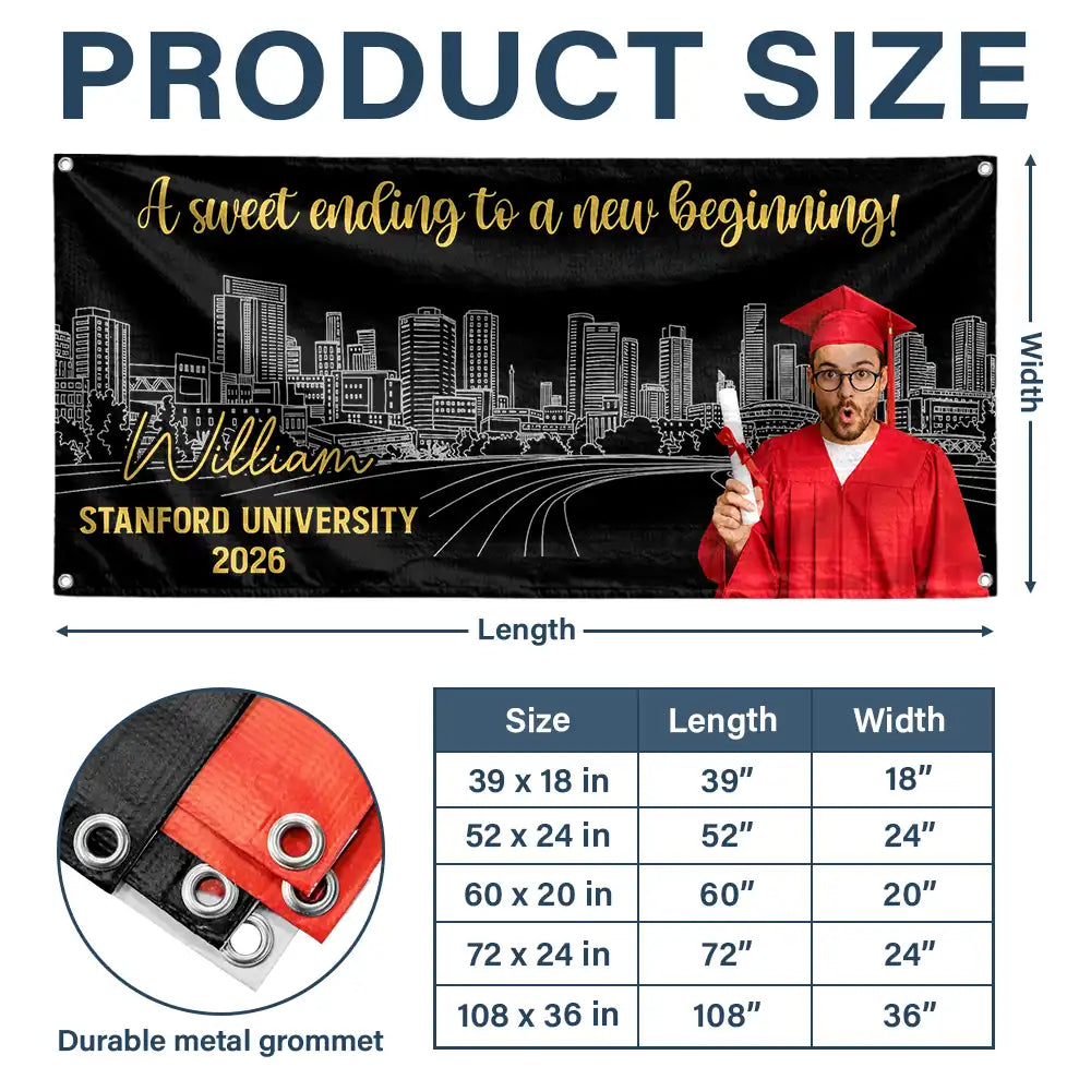 Graduation,Gift For Yourself,Gift For Daughter,Gift For Son,Gift For Bestie,Non-Eng,Photo,Proud - Custom Photo Congrats Grad A Sweet Ending To The New Beginning - Personalized Horizontal Banner