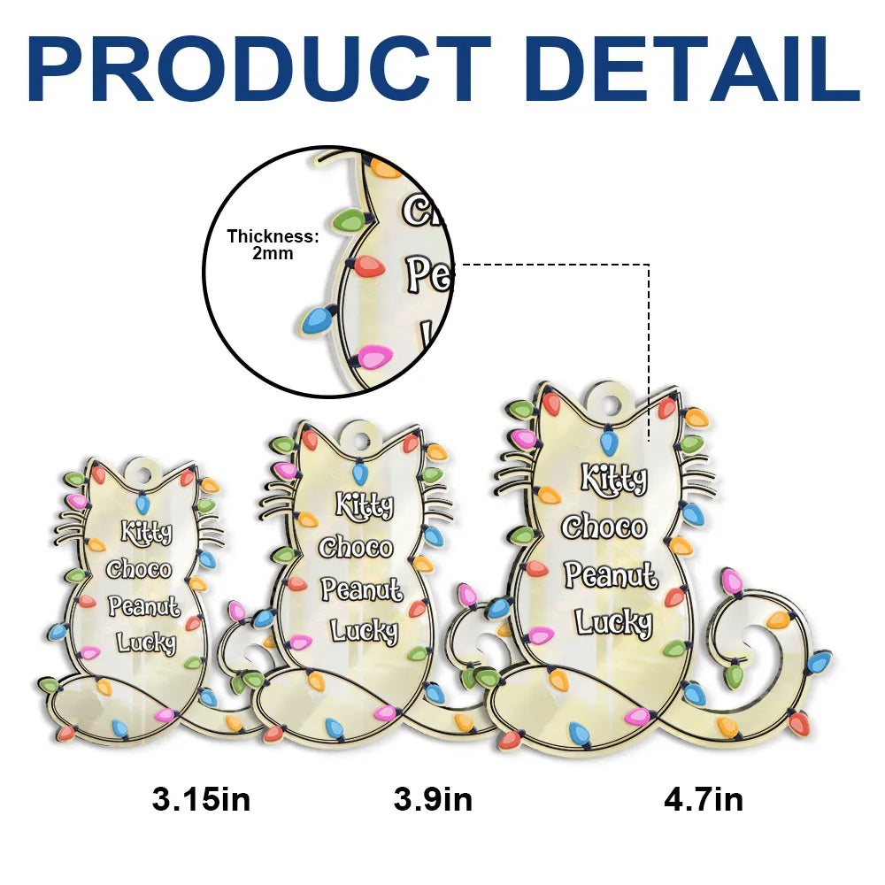 Cat Lovers, Cat Mom, Cat Dad, Happy, Christmas - Cat Shape Christmas Light Custom Name - Personalized Custom Shaped Mirror Ornament