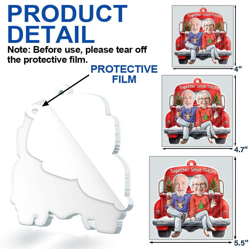 Gift For Couples,Old Couples,Funny,Christmas,Gift For Husband,Gift For Wife - Custom Photo Together Since Funny Couple Red Truck - Personalized Custom Shaped Acrylic Ornament