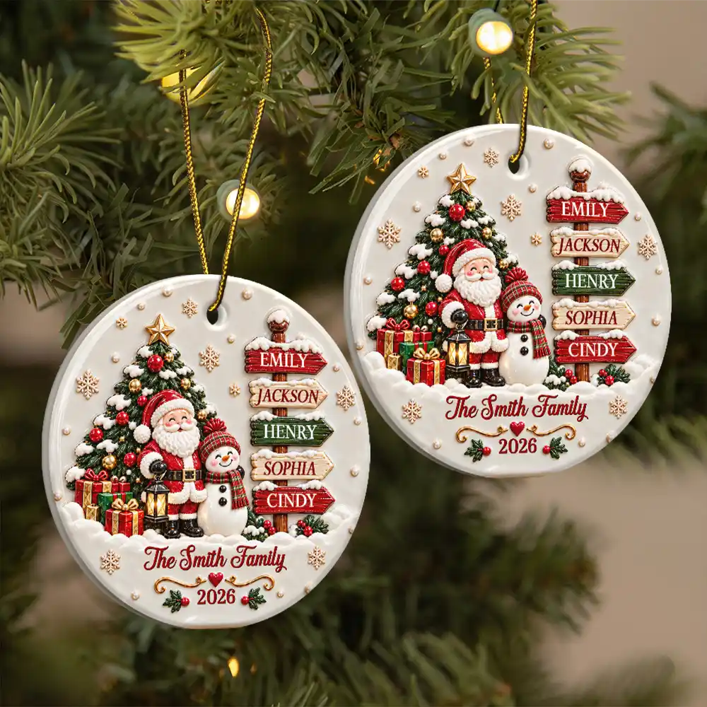 Christmas,Family,Happy,Icon - Christmas Gift For Family - Personalized Family Name Santa And Snowman 3D Embossed Circle Ceramic Ornament