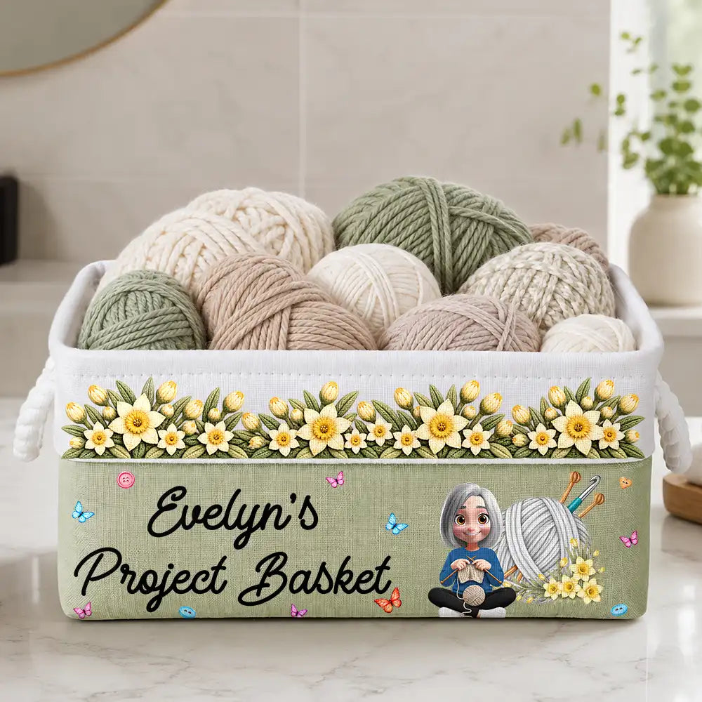 Christmas,Cozy,Crocheting,Gift For Women,Gift For Yourself,Gifts For Her,Icon - Gift For Knitter Crocheter Mom Grandma - Personalized Character & Name Yarn Ball With Birth Flower Storage Basket
