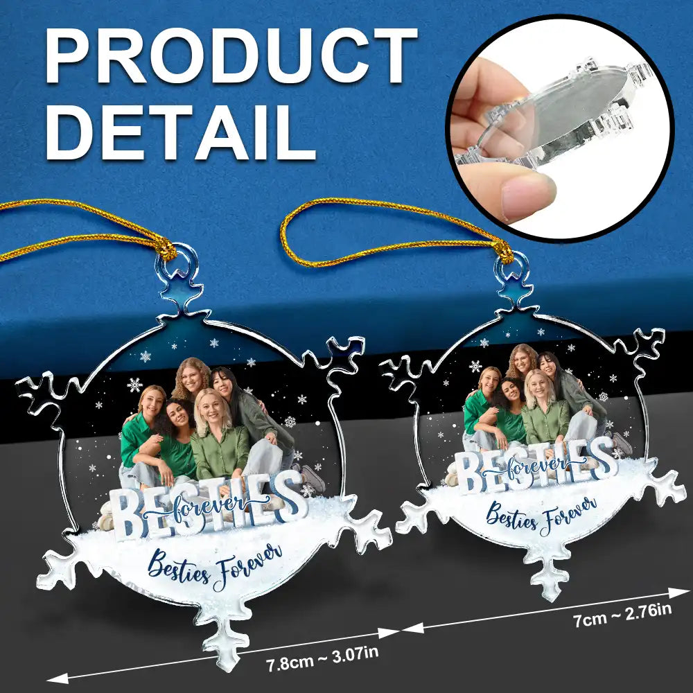 Gift For Sisters,Family,Christmas,Happy,Gift For Bestie - Custom Photo Family Besties Sisters Forever - Personalized Snowflakes Shaped Glass Ornament