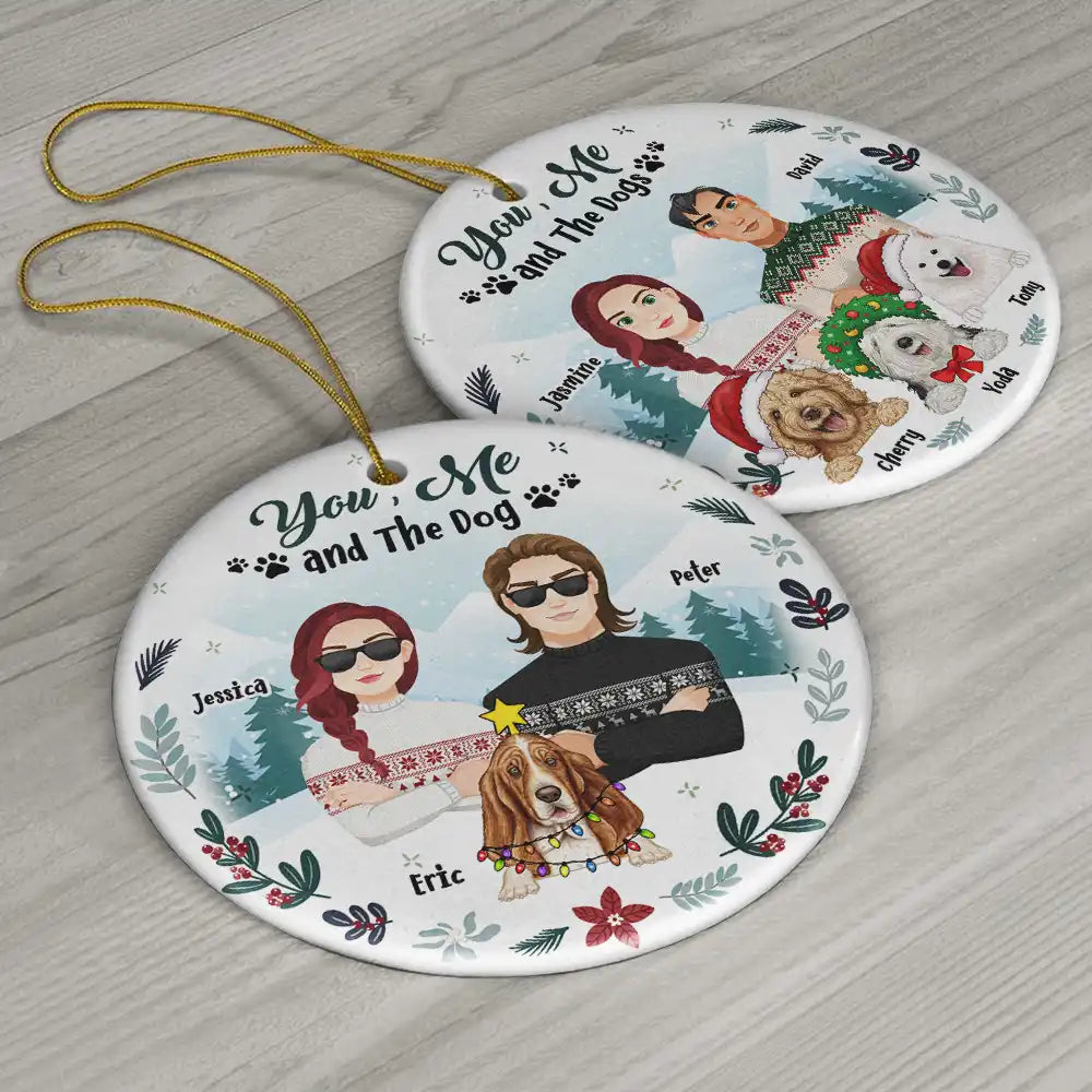Gift For Couples,Gift For Husband,Gift For Wife,Gift For Boyfriend,Gift For Girlfriend,Dog Lovers,Pet Lovers,Dog Mom,Dog Couple,Pet Mom,Pet Couple,Pet Dad,Dog Dad - Winter You, Me And The Dog - Personalized Circle Ceramic Ornament