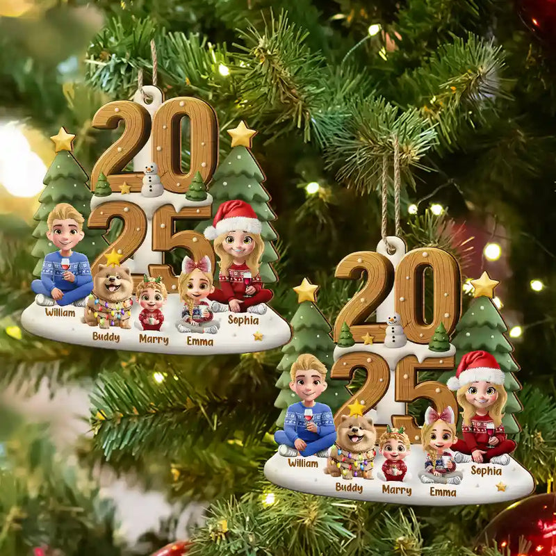 Family,Gift For Grandparents,Parents,Gift For Kids,Happy,Christmas,Non-Eng - 3D Effect Christmas Sitting Family - Personalized Custom Shaped Wooden Ornament
