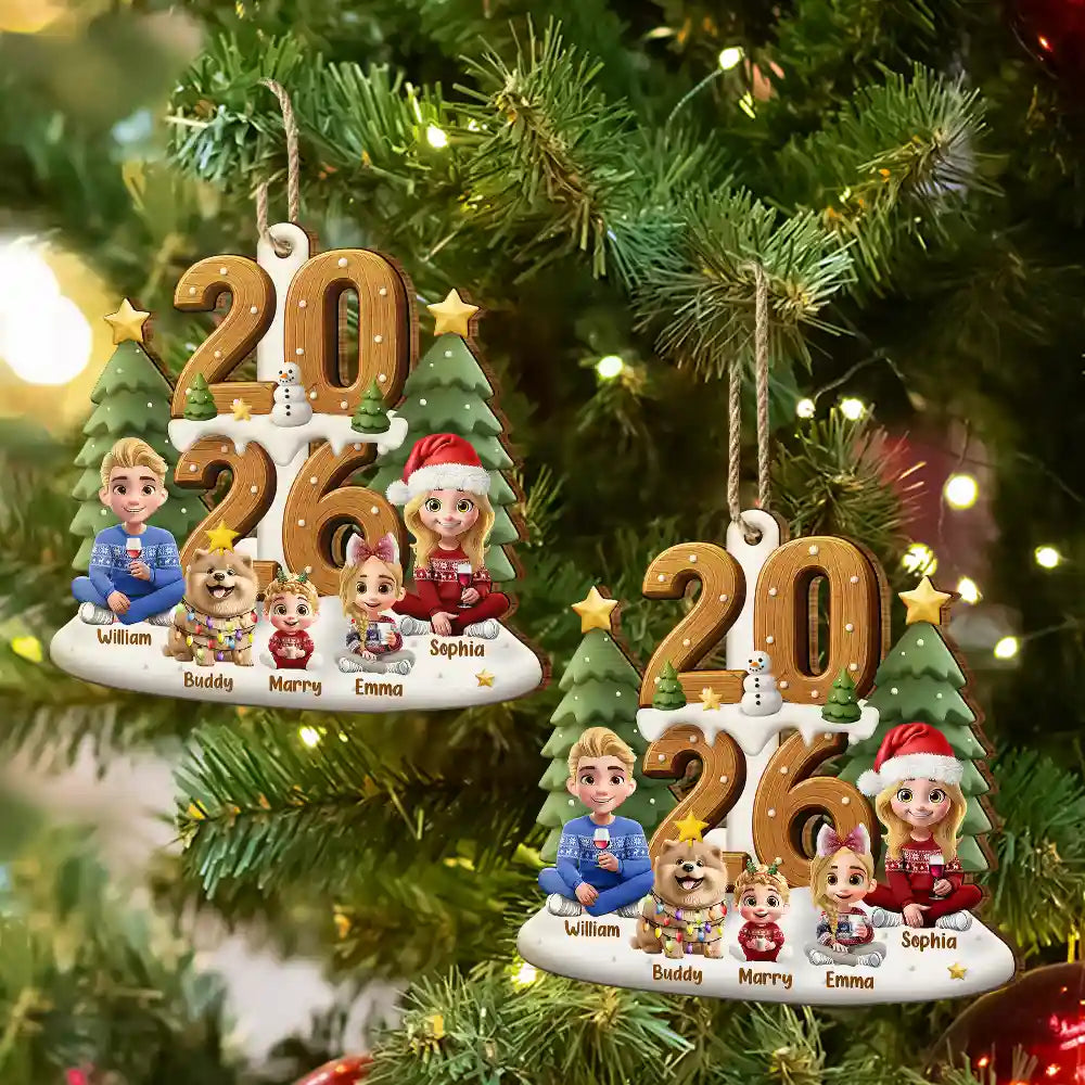 3D Effect Christmas Sitting Family - Personalized Custom Shaped Wooden Ornament