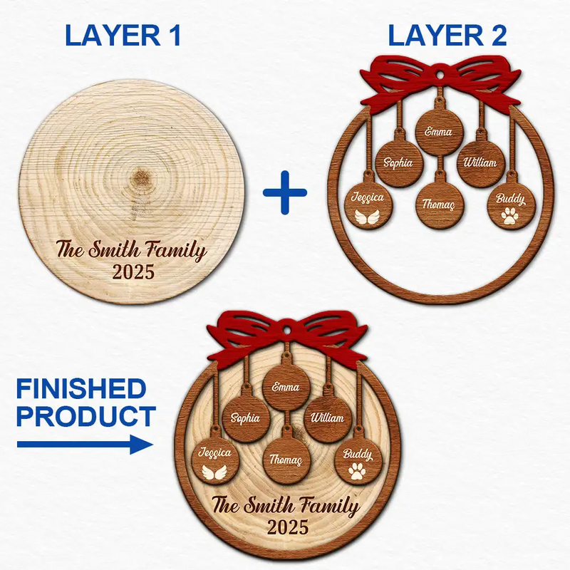 Family,Gift For Sibling,Gift For Sisters,Gift For Brothers,Love,Christmas,Pet Lovers - Happy Family Merry Christmas - Personalized 2-Layered Wooden Ornament