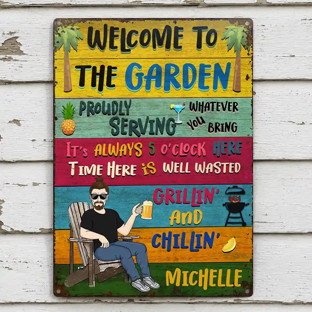 Patio Welcome Grilling Proudly Serving Whatever You Bring Husband Wife Couple Single - Backyard Sign - Personalized Custom Classic Metal Signs