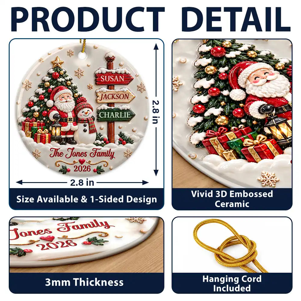 Christmas,Family,Happy,Icon - Christmas Gift For Family - Personalized Family Name Santa And Snowman 3D Embossed Circle Ceramic Ornament