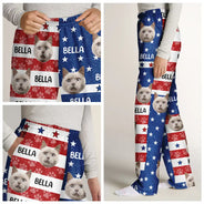 Independence Day,Dog Lovers,Pet Lovers,Cat Lovers,Photo,Proud - Custom Photo Funny Pet Face Pattern Dog Cat US Flag - Personalized Pajama Pants