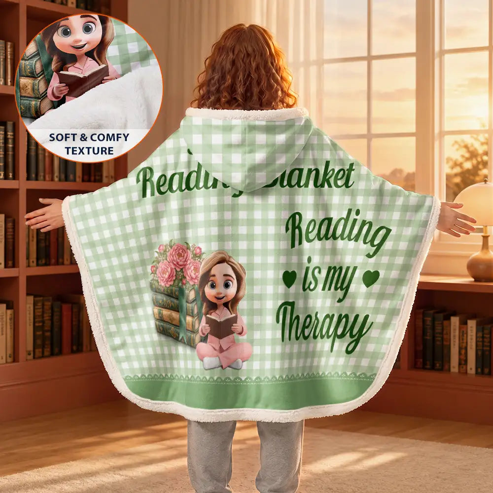 Confident,Gift For Women,Gift For Yourself,Gifts For Her,Reading,Vector - Gift For Book Lovers - Personalized Reading Is My Therapy Wearable Hooded Blanket
