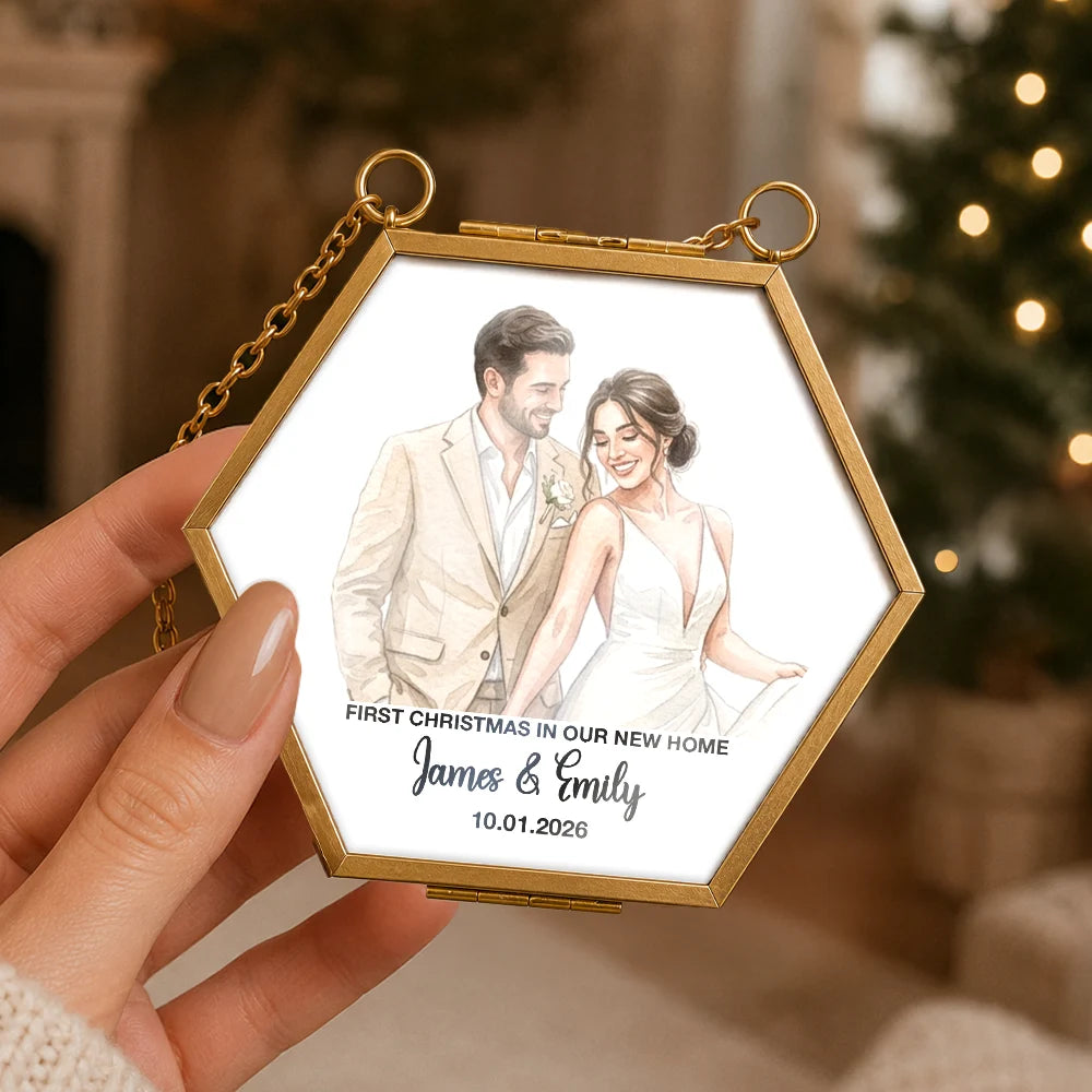Art Design,Christmas,Custom Photo,First Christmas,Gift For Couples,Married Couple,Photo - Watercolor - Remove BG,Romantic,Top Market - Our First Christmas Couple - Personalized Custom Photo Watercolor Metal Frame Ornament
