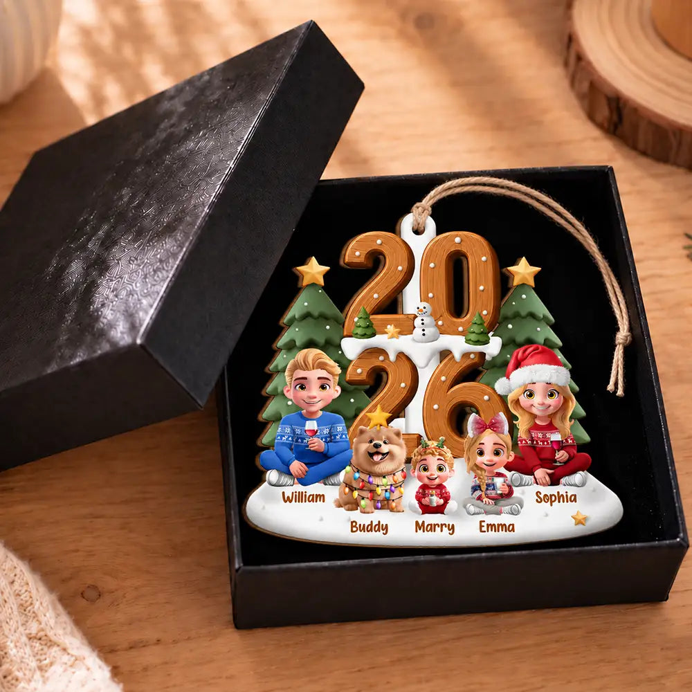 3D Effect Christmas Sitting Family - Personalized Custom Shaped Wooden Ornament