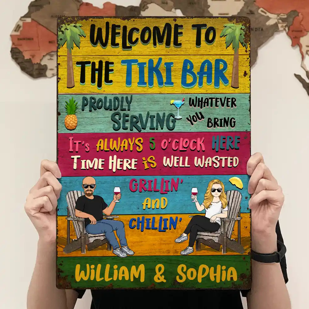 Patio Welcome Grilling Proudly Serving Whatever You Bring Husband Wife Couple Single - Backyard Sign - Personalized Custom Classic Metal Signs