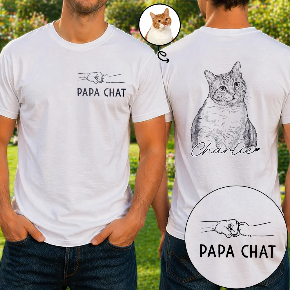 Custom Photo,Art Design,French,Cat Dad,Pet Lovers,Gift For Father,Non-Eng,Adorable,Photo - Pencil Sketch - Remove BG - Photo Personnalisée Croquis Au Crayon Photo Personnalisée Croquis Au Crayon Papa Chat Papa Chien Mama Chat Mama Chien - T-Shirt Personnalisé