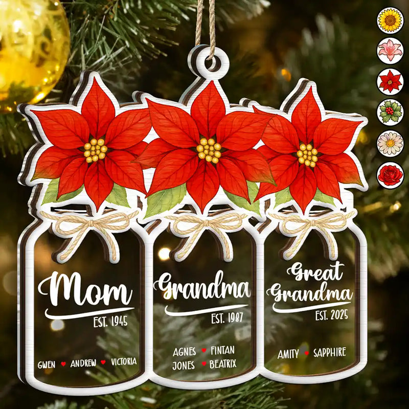 Gift For Women,Gift For Yourself,Gift For Mother,Gift For Grandma,Love,Christmas - Flower Mason Jar Mom Grandma Great Grandma - Personalized 2-Layered Mix Ornament