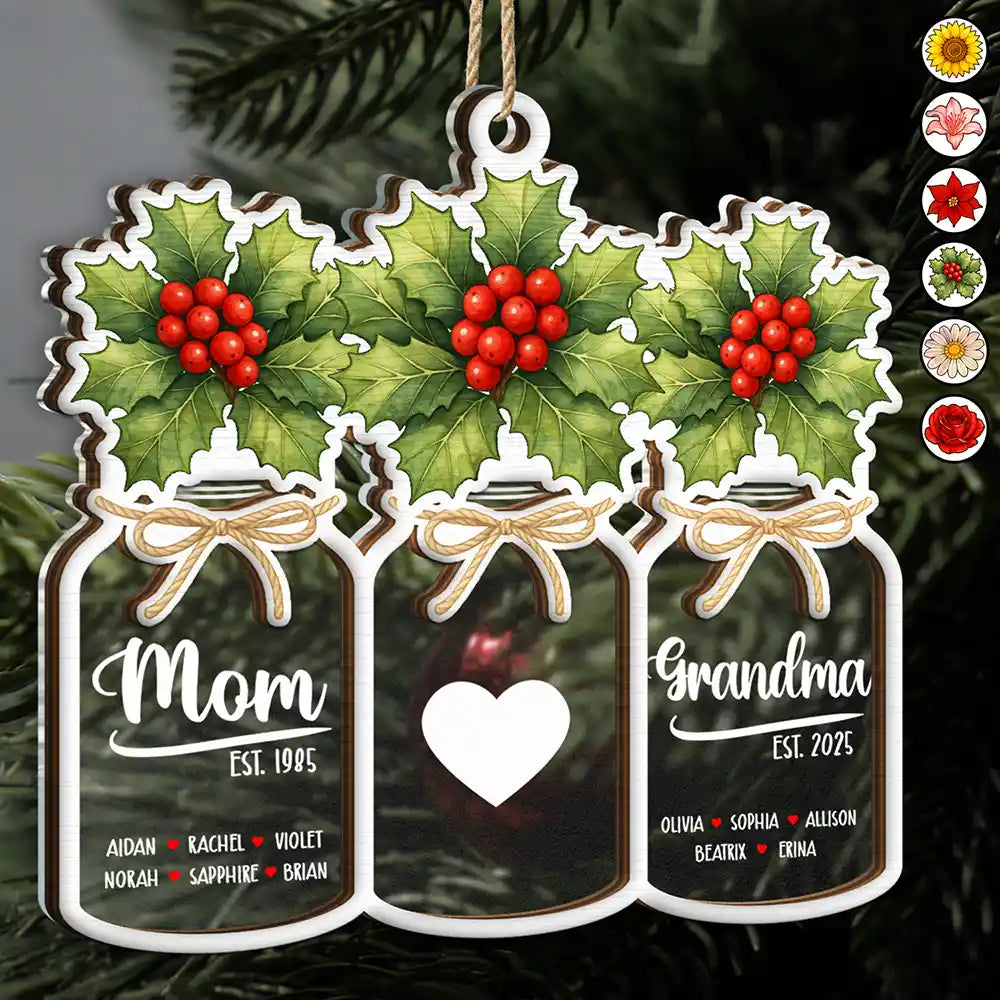 Gift For Women,Gift For Yourself,Gift For Mother,Gift For Grandma,Love,Christmas - Flower Mason Jar Mom Grandma Great Grandma - Personalized 2-Layered Mix Ornament