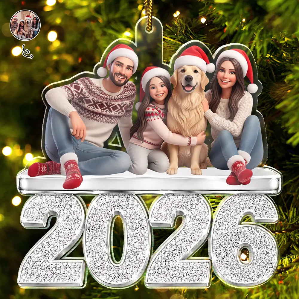 Custom Photo Cartoon Portrait Christmas Family Siblings Glitter Effect - Personalized Custom Shaped Acrylic Ornament