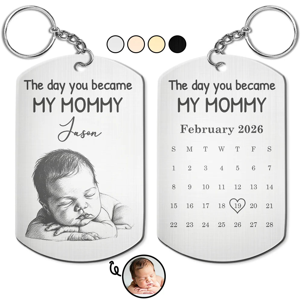 Custom Photo Pencil Sketch Calendar The Day You Became My Mom - Personalized Aluminum Keychain