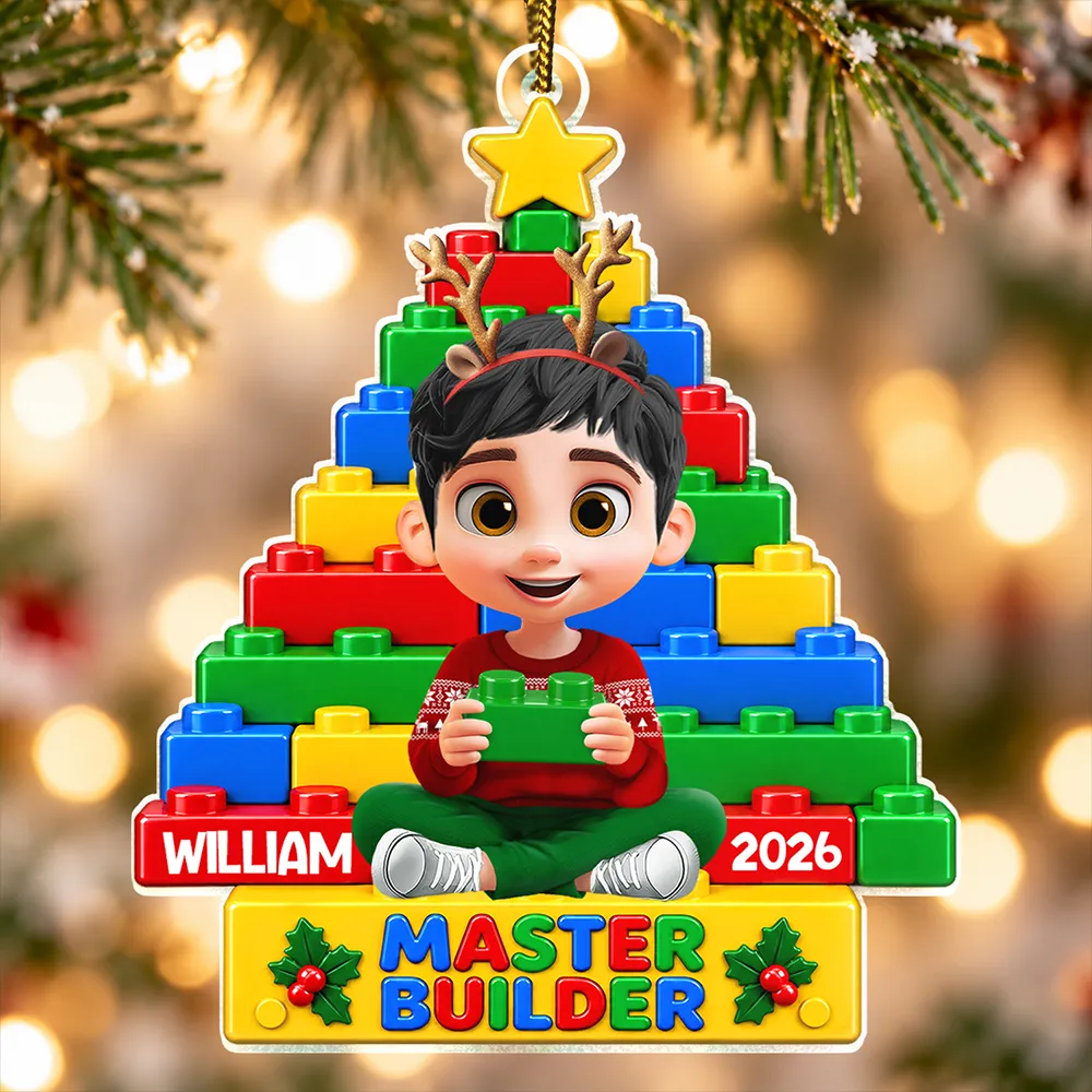 Christmas, Gift For Kids, Happy, Top Market, Vector - Christmas Gift For Kids - Personalized Little Builder Christmas Tree Acrylic Ornament