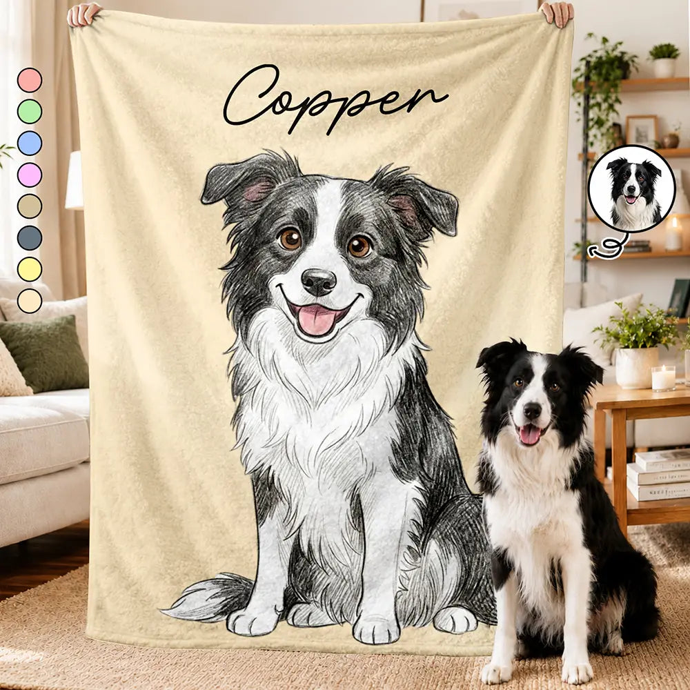 Custom Photo Colored Pencil Sketch Dog Cat Pet Portrait - Personalized Fleece Blanket, Sherpa Blanket