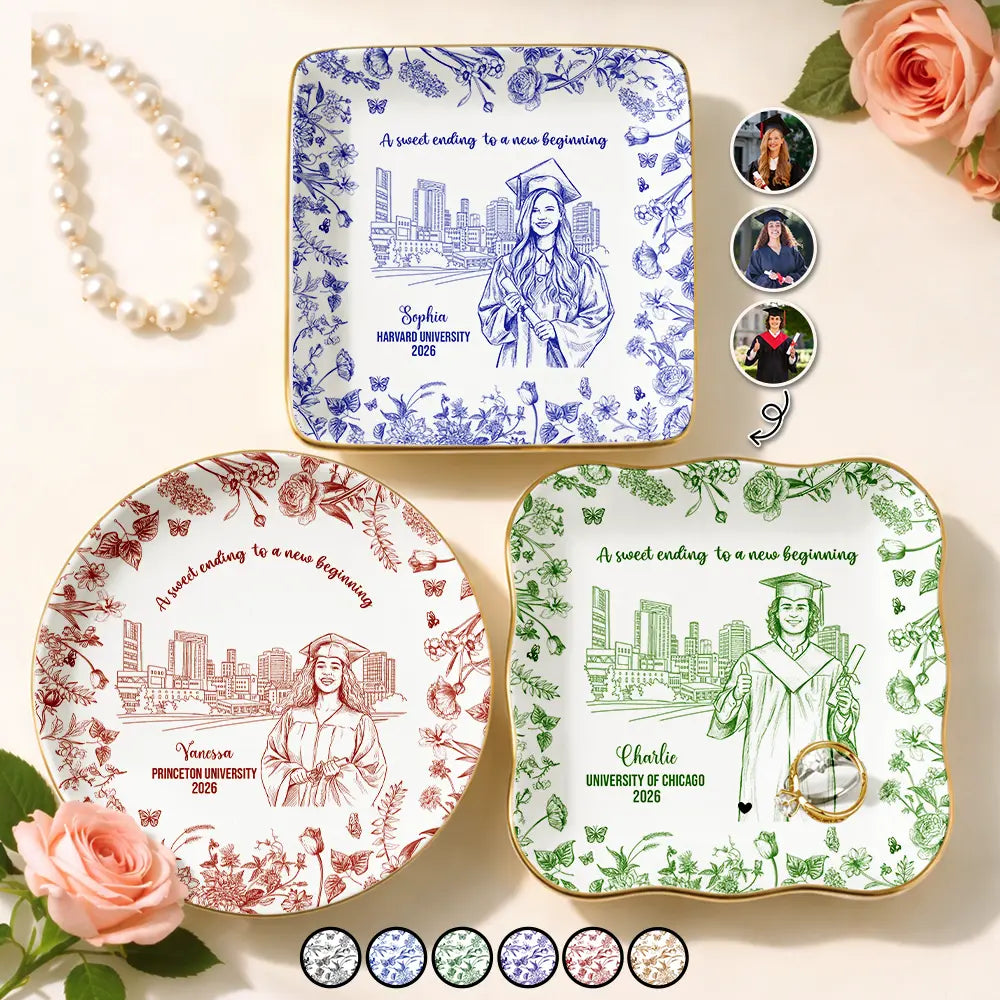 Custom Photo Pencil Sketch Graduation A Sweet Ending To A New Beginning - Personalized Ring Dish