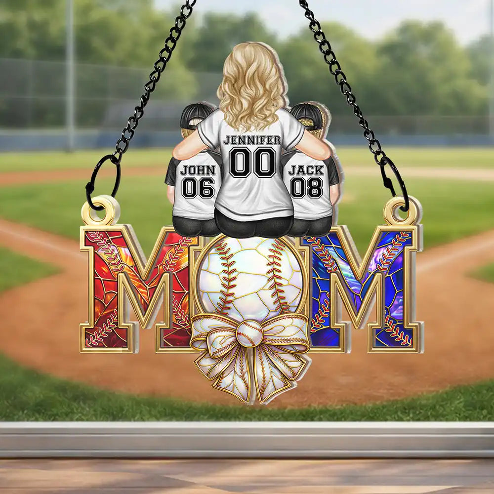 Baseball,Sport Mom,Gift For Mother,Mom - Children,Happy - Baseball Mom Behind A Baseball Player - Personalized Window Hanging Suncatcher Ornament