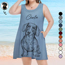 Custom Photo,Beach,Art Design,Summer,Pet Lovers,Playful,Photo - Pencil Sketch - Remove BG - Custom Photo Pencil Sketch Woman Dog Cat Funny Portrait - Personalized Sleeveless Tank Dress