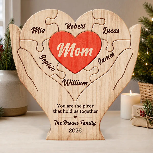 Christmas,Custom Text,Gift For Mother,Gifts For Her,Grateful - Christmas Holidays Birthday Gift For Mom Bonus Mom - Personalized Hands Hold Heart Shaped Wooden Puzzle
