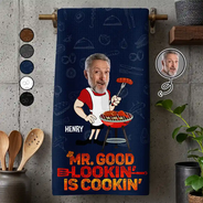 Custom Photo,Gift For Father,Grilling,Funny,Non-Eng,Photo - Custom Photo Mr Good Looking Is Cooking - Personalized Kitchen Towel
